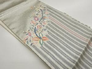 縞に草花模様刺繍名古屋帯